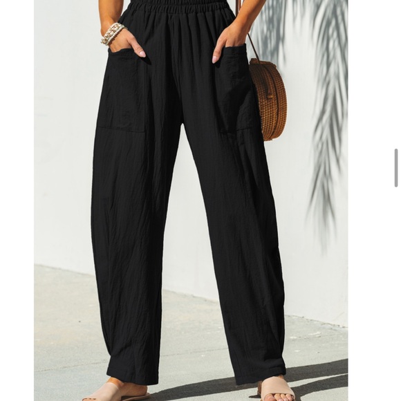 Black Elastic Waist Tapered Leg Pants - Picture 1 of 6
